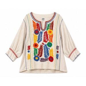 Sister Mary Gloria Embroidered Tunic Beige Linen Blend Boho Top Folk XL